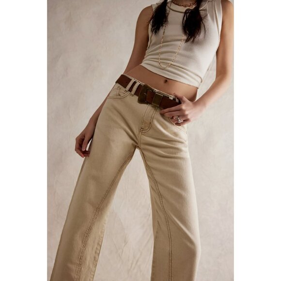 FREE PEOPLE WE THE FREE Risk Taker Mid Rise Jeans in Ecru Neutral Boho - Size 26 - Picture 2 of 16